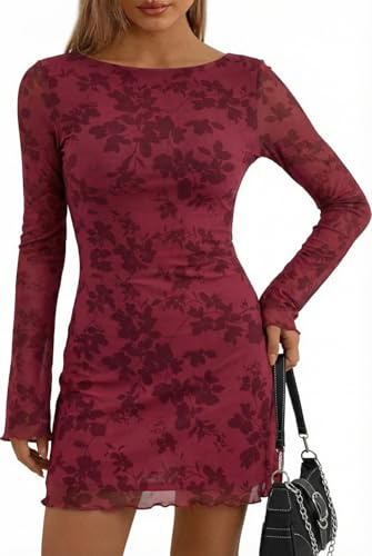 Sukiglam Vestito Donna Elegante Floreale Mini Abito in Rete Trasparente Maniche Lunghe a Campana Vestiti Corto Sexy Y2K Abiti Aderente Casual Tubino Vintage Vestito da Festa Sera Cocktail Discoteca