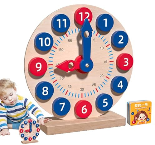 Generisch Lernuhr Kinder - Analoguhr aus Holz, Übungs- und Demonstrationsuhr mit 18 Karten, Fördert Zeitverständnis und Lernspaß | Perfekt für Schule Zuhause Unterricht Kinder Lernaktivitäten