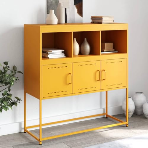 Sideboard Senfgelb Moderner Aufbewahrungsschrank mit 3 Türen aus Stahl 100,5x39x107 cm für Wohnzimmer Büro Stauraum Langlebig Elegant