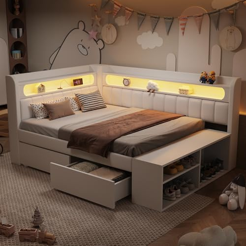 Kinderbett 90x200 cm, Einzelbett Tagesbett mit Schubladen & Stauschrank & LED-Ablagefach & USB-Steckdose, Multifunktionsbett Stauraumbett mit gepolstertem Kopfteil & Lattenrost, Weiß, ohne Matratze