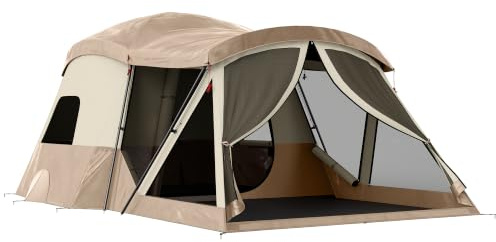 Outsunny 4 Person Easy Setup Family Camping Tent, 2 Rooms, Brown & Khaki | Waterproof Tunnel Tent, Sewn In Groundsheet, Doors, Windows, Skylights, Carrying Bag