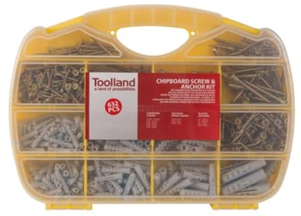 Toolland Surtido de tornillos y tacos de pared 632 piezas, tornillos para aglomerado, anclajes de pared de plástico, tornillos hexagonales para madera, caja organizadora de bricolaje con