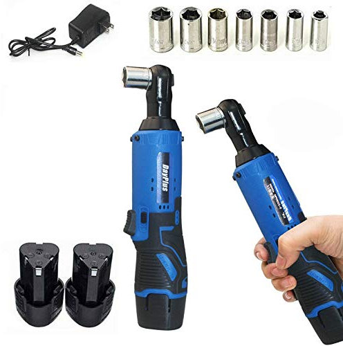 Llave de carraca inalámbrica azul de 3/8 pulgadas con 2 pilas de luz LED de trabajo 7 velocidades cargador rápido 12 V ángulo de trinquete eléctrico para trabajos de montaje