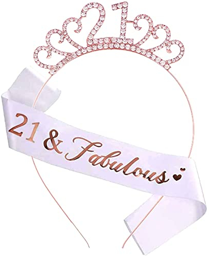 MIOSJI 21st Birthday Sash and Crystal Tiara Crown, 21st Birthday Gifts for Her Girls Birthday Decorations Party Accessories (Rose Gold)