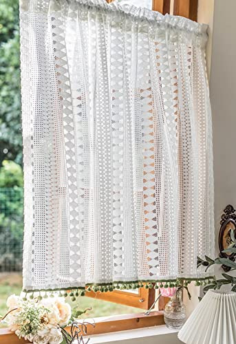 A.Monamour Cortina Cocina Ventana Puerta Corta Pequeña Encaje De Ganchillo De Algodón Geométrico Transparente Translúcida Visillo Blanco con Pompones Bolsillo para Varilla Panel Cenefa Rustica Bistro