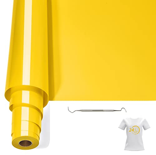 Bocguy Plotterfolie Textil, 30.5CM x 6.1M Heat Transfer Vinyl Flexfolie Rollen mit Plotter Werkzeug, Plotter Vinylfolie für Eisen Heiße Presse, T-Shirts & Mehr Stoffen, DIY Muster (Gelb)