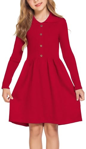 Flypigs Robe de Loisirs pour Fille Automne Hiver Robe à Manches Longues Robe en Tricot Robe Patineuse Unie Robe de Fête élégante décontractée, Rouge, 12-13 Ans, 146 152