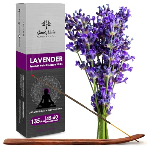 Varillas de Incienso de Lavanda Simply Vedic 250 Gramos (Alrededor de 135 Varillas de Incienso Premium + Soporte) | Dura 60 Minutos, Ideal para meditación, Yoga, oraciones, aromaterapia