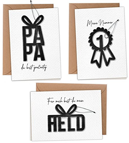 Papierdrachen Klappkarten mit Holzcutouts in DIN A6 zum Vatertag - mit 3 schwarzen Holzanhängern und 3 Packpapier Umschlägen - Vatertagsgeschenk - Set 02