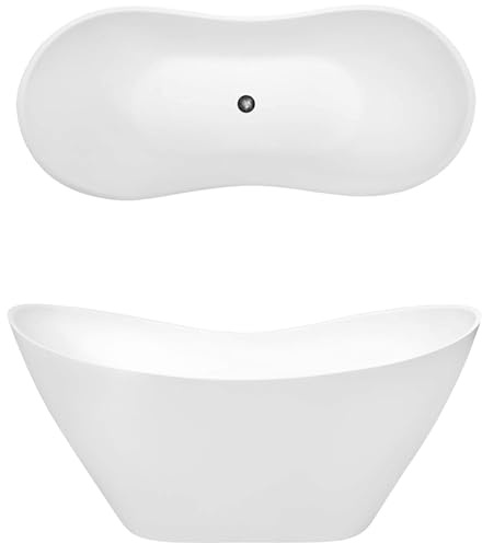 ECOLAM Baignoire autoportante Viya 160x70 cm | Vidage Click Clack | Design en fonte minérale | Baignoire îlot glamour blanc