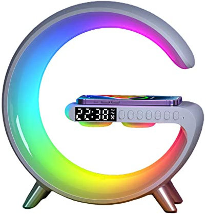 BLOSSOMLIFE 15W Wireless Fast Charging Dock Station Speaker Alarm Clock Desk Lamp Colorful Light Charger for iPhone Samsung Smartphone (White)