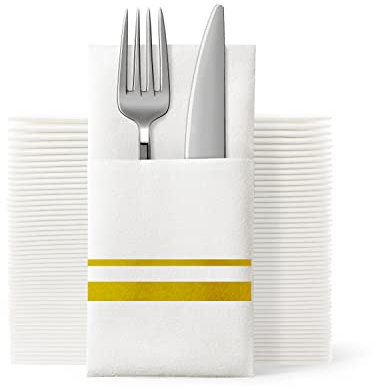 UKEENOR Disposable Dinner Napkins Cloth Like with Built-in Flatware Pocket,Wedding Party Linen Feel White and Golden Napkin, Prefolded for Silverware, 50 Counts