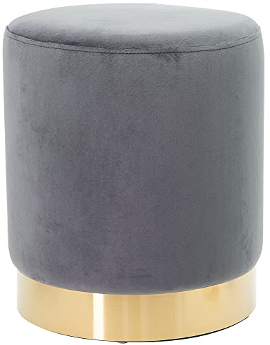 Shally Dogan Pouf in Velluto con Base in Metallo e Struttura in MDF, Design Moderno, Poggiapiedi Forma Cilindrica, Sgabello Tondo con Seduta Imbottita Morbida, Arredamento Interno (Grigio)