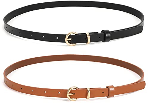 WHIPPY 2er-Pack dünner Damen Ledergürtel schmaler Taillengürtel schmal Gürtel mit goldener Kreisschnalle für Kleid Hose Jeans，schwarz/braun，90cm