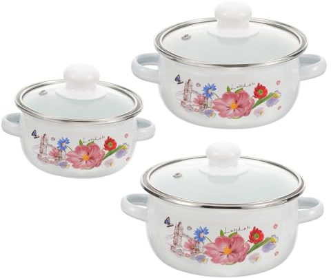 CIYODO 3Stücke Mini Emaille Suppentopf mit Doppelgriffen Multifunktionaler Kochtopf für Küche Vintage Design mit Blumenmuster für Induktionsherde und Verschiedene Kochmethoden