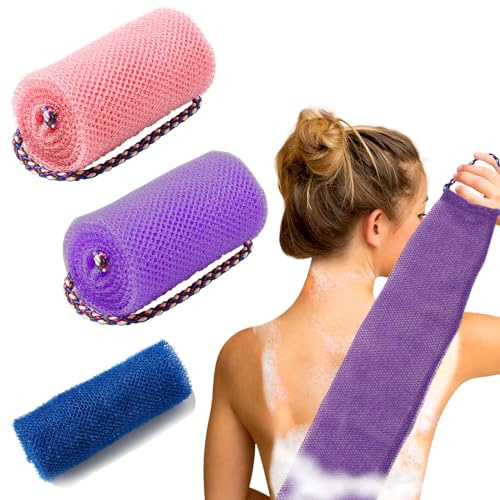 ZOCONE 3 Pcs African Net Sponge Set - 80x30cm Long Wash Net + 2 Exfoliating Nets 77x14cm - Nylon Deep Cleaning Cloth for Women and Men