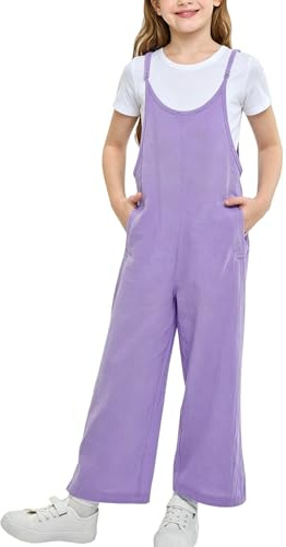 Rolanko Girls Jumpsuit Adjustable Spaghetti Strap Loose Overalls Rompers, Cotton Baggy Plain Playsuits with Pockets for Age 5-12 Years, Purple, Size: 13-15 Years, 170