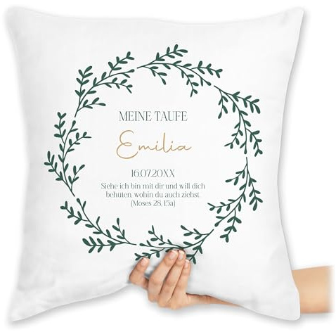 Kissen 40x40 Zierkissen - Meine Taufe | Personalisierte Taufgeschenke | Taufmotiv | Geschenke zur Taufe | Taufgeschenkidee mit Name & Datum - 40 x 40 cm - Weiß - taufkissen konfirmation Taufe￼
