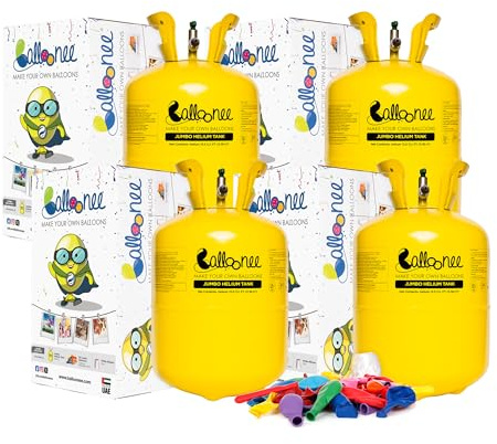 Balloonee Jumbo Disposable Helium Party Kit - Pack of 4, Helium Tank for Balloons At Home, 13.5 Cu Ft Helium Balloon Pump Kit with 200 Assorted Latex Balloons, Portable for Celebrations