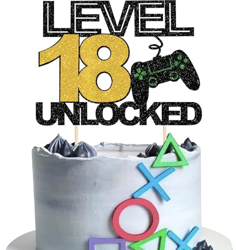 SYKYCTCY 1 Pack 18 Video Game Cake Topper Glitter Gaming Level Unlocked 18th Birthday Cake Pick Game On Controllers Cake Decoration for Boys Girls 18th Birthday Anniversary Party Decoration Supplies