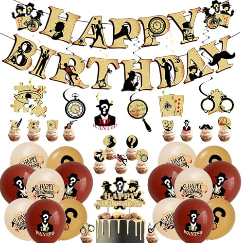 Detective - Set di 50 ghirlande per feste di compleanno, con festone di buon compleanno, decorazione per torte, palloncini e vortici sospesi, decorazione per feste di compleanno per bambini, ragazzi e