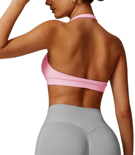 JN JANPRINT Workout Sports Bras for Women Halter Neck Running Bra Padded Open Back Seamless Bralette Gym Bra Yoga Crop Top Pink