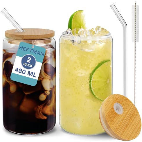 HEFTMAN Glass Cups with Lids and Straws - 2 Pack Empty 480ml Can Shaped Glasses with Airtight Bamboo Lids, Glass Straws & Straw Cleaning Brush - Iced Coffee Glass for Smoothies, Beer, Parties, BBQ