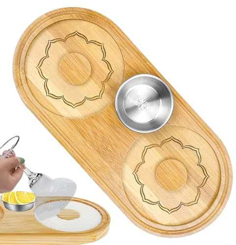 Cocktail Glass Rimmer - Margarita Salt Rimmer Set, Bartender Drink Rim Tray | Wooden Stainless Steel Bowl, Multiple Glass Rimmer For Sugar Lime Cocktail Garnishing Party Drink Preparation Gadget