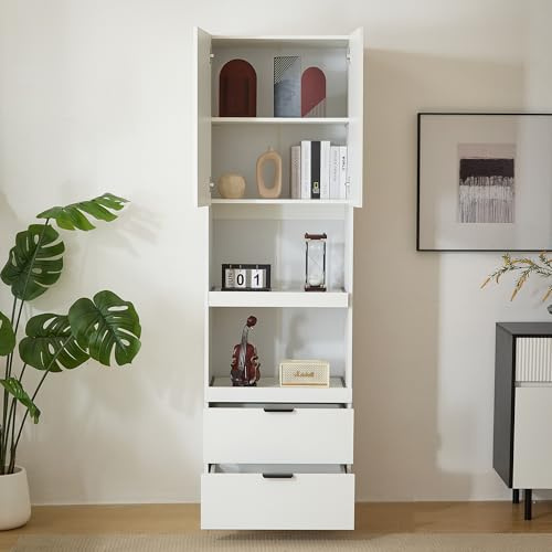 Moimhear Armarios de cocina de 200 cm de alto, armarios de almacenamiento, estantes para microondas, armarios altos con protección antivuelco, armarios multifunción independientes, color blanco