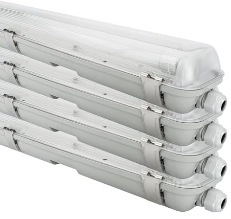 NCC-Licht 4 x LED Feuchtraumleuchte Wannenleuchte 120cm IP65 2 x 18W T8 4000K Neutralweiß durchgangsverdrahtet, Deckenlampe für Keller Werkstatt Garage mit Sensor