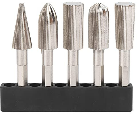 Sunicon 5Pcs Rotary File, 1/4in Hex Shank Double Cut Metal Grinder Drill Bit Set for Carving Polishing