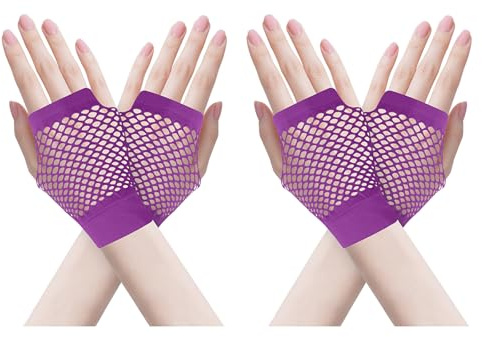 ZTVOWTO 2 Paar Fingerlose Netzhandschuhe, 80er 90er Fischnetz Handschuhe für Halloween, Weihnachten, Kostümpartys und Cosplay Zubehör(Lila)