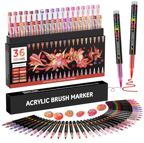 Sonlaryin 36 Colours Acrylic Paint Pens, Acrylic Markers for Rock Painting Ceramic Glass Stone Metal Fabric, Water-based Paint Markers with 1-5MM Flexible Brush Tip for Christmas, Halloween - Red