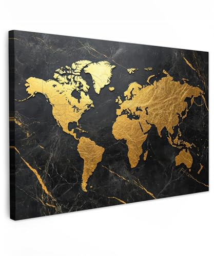 MuchoWow© Bilder Groß XXL Wohnzimmer Deko Modern Wandbild Kunstdruck | 120x80 cm - Leinwand Bild Schlafzimmer über Bett Room Decor Geschenke Weltkarte - Gold - Marmor