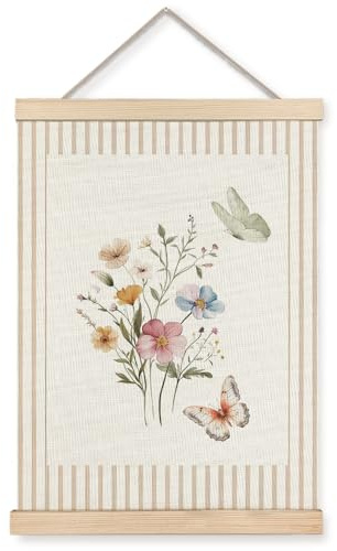 XUNLURY Rustic Floral Butterfly Poster Hanger Frame, Watercolor Wildflower Canvas Wall Art, Cottagecore Flower Wall Decor for Home Bedroom Living Room Office, 12x16 Inch