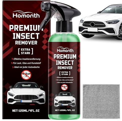 Ekukeon Rimuovi Insetti Auto, Rimuovi Resina Auto con Panno in Microfibra, Detergente Spray per Auto, Elimina Macchie e Tracce di Insett in Modo Facile, per Parabrezza, fari e Vernice, 120ml