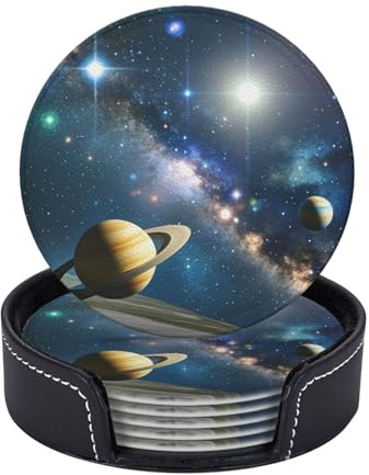 Coasters Set of 6 Leather Drink Coaster with Holder Planets Stars and Milky Way Galaxy Coaster for Drinks Non-Slip Mugs Pads Waterproof Funny Coasters Coffee Cup Mat for Table Kitchen
