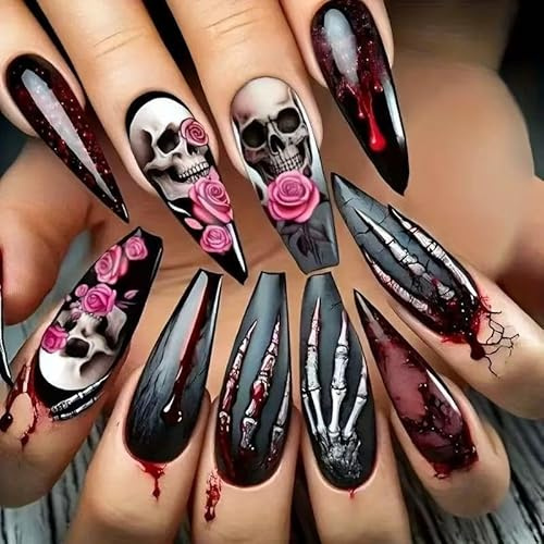 MouyouGlow Press on Nails Lang,Ballerina Halloween Schwarz Scream Ghostface Rot Blood Rose Skull Hand Totenkopf Horror Creepy Gothic Fake Nails mit Nagelkleber,Black Artificial Fingernails