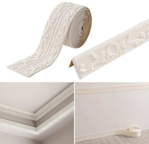 KAHCOP Bordüre Selbstklebend, Wandbordüre 4,5m x 10cm x 8mm, Rokoko-Stil Zierleisten, Wasserdicht 3D Tapetenbordüre für Flur, Decke, Ecke, Linie (Weiß)