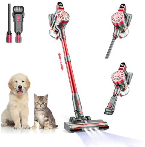 WLOTPO Cordless Vacuum Cleaner,Vacuum Cleaners for Home with Super Suction,Lightweight Stick Vacuum with 35 Mins Runtime,Rechargeable Cordless Vacuum for Pet Hair, Hardwood Floors(Red Black)