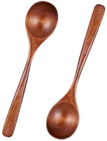 Thinp 2 Pcs Wooden Spoons for Eating, 7 Inch Wood Soup Spoons Long Handle Wood Teaspoons Woods Table Spoon for Cooking Wooden Serving Spoon for Tea Coffee Honey Desserts Cereal