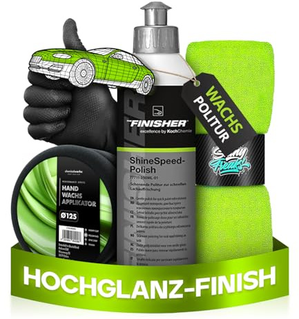 THE FINISHER by Koch Chemie ShineSpeedPolish (250ml) Hochglanz Autopolitur + Shiny Freaks Zubehör - Spiegelglanz und Kratzerentfernung, Hand- und Maschinenanwendung für alle Lackarten | 4-teilig