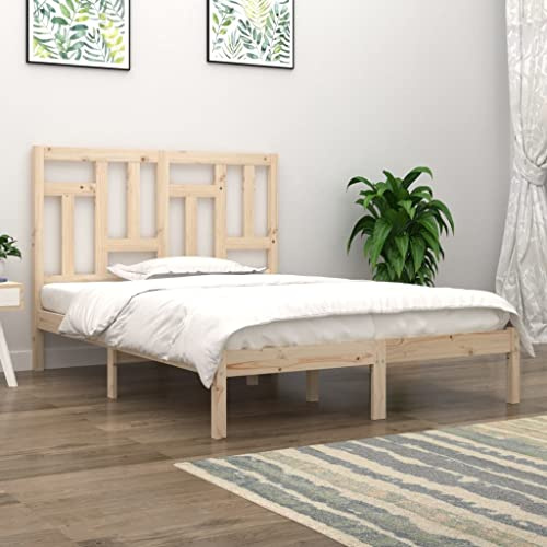 Mandloder Massivholzbett 135x190 cm, Kiefernholz Bettrahmen, Doppelbett mit Kopfteil, Schlafzimmer Möbel, Robustes Holzbett, Modernes Design, Unbehandeltes Kiefernholz, 4FT6 Double