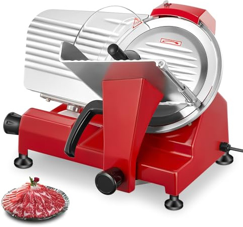 FOHERE Commercial Meat Slicer, 300W Electric Deli Slicer, 10 Inch Commercial Stainless Steel Meat Slicer, Adjustable Thickness Food Slicer Machine for Roast Beef, Cheese, Bread,Fruit Vegetable (Red)