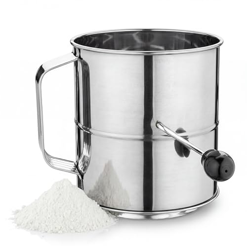 5/8-Cup Flour Sifter, Stainless Steel Sifter/Sieve, Hand Crank Sifter, with Rotating Stirring Ring, Baking Tool for Dry Ingredient Distribution(8CUPS)