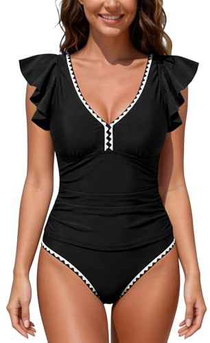 SHEKINI Womens Tankini Two Piece Tummy Control Swimsuit Black, X-Large | Ruffle Sleeves, V Neck, Shell Embroidery, Cut-out U-back Tie, Ruched Tummy Control, High Waist, Full Coverage, Removable Pads