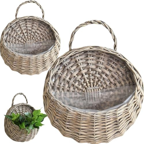 ptumcial Rattan-Pflanzgefäß zum Aufhängen 2 Stück natürliches Rattan Vintage-Wand-Hängekorb Aufbewahrung Pflanzkorb Wand-Blumentopf für Zuhause Grau