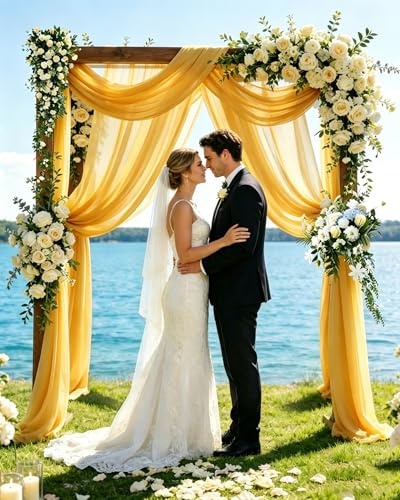 2Pcs 30x19.7Ft Wedding Arch Draping Fabric Champagnery Gold Tulle Backdrop | Premium Chiffon Fabric, Wrinkle Resistant Backdrop Curtain for Wedding Arbor Archway Ceremony, Ceiling Decorations