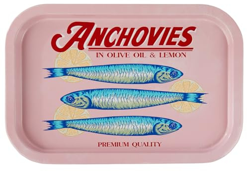 BUTLERS Dekotablett 34x 23cm Weißblech - ANCHOVIES - Originelles Tablett im Sardellen Design | Rosa Snack-Tablett & Servierteller | Maritime Tischdeko in Retro Stil
