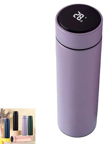 Insulated Stainless Steel Travel Mug 500ml with LED Temperature Display Lid, Vacuum Thermal Bottle, Keeps Cold 24h Hot 12h, Leakproof Portable Water Bottle for Coffee Gym Office Travel - Purple